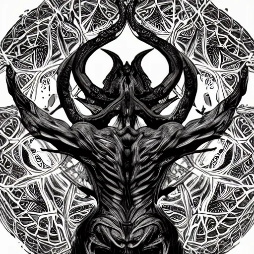 Image similar to 4K headshot of godlike Shub-Niggurath with defined arms and open hands and bloody clothes with giant mandala wings , intricate face , flawless anime cel animation by Kentaro Miura, psychedelic , highly detailed upper body , professionally post-processed , beautiful, scary, symmetry accurate features, epic, octane rendered, anime masterpiece, accurate