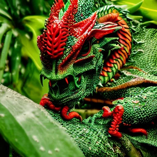 Image similar to a green and red dragon eating in a rain forest