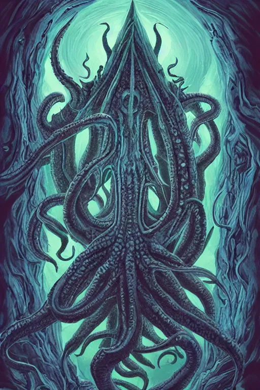 Prompt: ancient eldritch horror cthulhu, mind flayer, illithid, concept art, digital art, tarot card, highly detailed, ornate border, in the style of dungeons and dragons