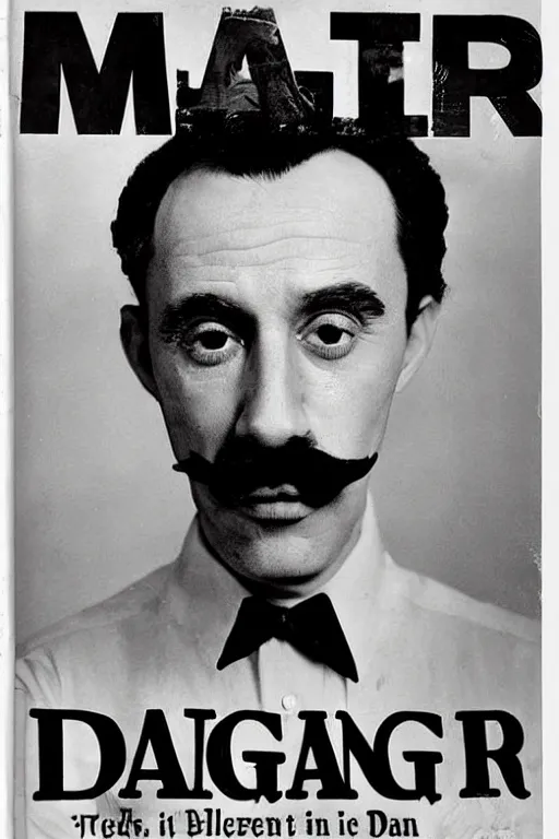 Image similar to magazine cover featuring the famous surrealist artist Danger Dan, photograph of a man with black hair and a mustache, text reads DANGER DAN