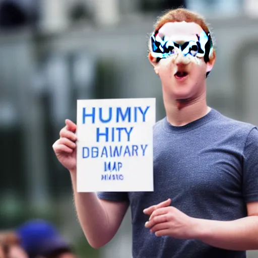 Image similar to Mark Zuckerberg holding a sign saying I'm A Human, highly detailed, high quality, HD, 4k, 8k, Canon 300mm, professional photographer, 40mp, lifelike, top-rated, award winning, realistic, sharp, no blur, edited, corrected, trending