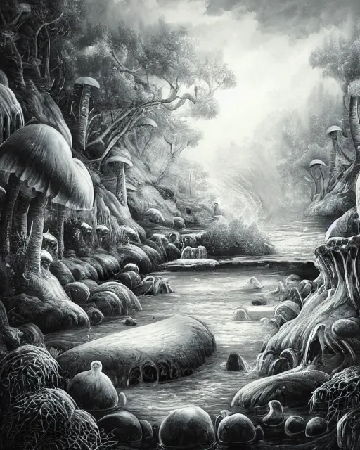 Image similar to a painting of a evil stream, made in tones of white and grey, of water pouring from a biomorphic gorilla skull and producing liquid gold, in a wild mushroom fountain, bath like style, insanely detailed, loony toons style, isometric views, 8k