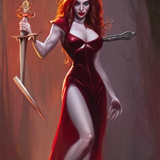 Prompt: buffy the vampire slayer dressed as jessica rabbit holding a large wooden stake, intricate, elegant, highly detailed, digital painting, artstation, concept art, matte, sharp focus, illustration, in the style of magic the gathering, art by artgerm and greg rutkowski and alphonse mucha