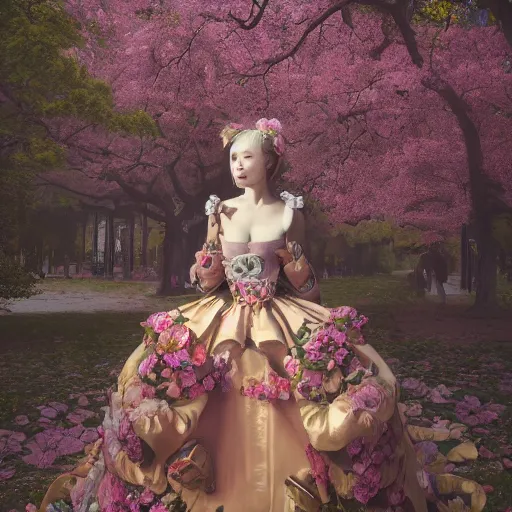 Image similar to 8k, octane render, realism, tonalism, renaissance, rococo, baroque, portrait of a young lady wearing long harajuku manga dress with flowers and skulls standing in a renaissance park, chaotic gold leaf flowers