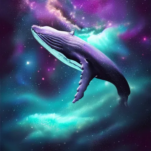 Prompt: portrait of whale swimming on a dark night sky, swimming across the universe, nebulae, purple and blue, galaxies, oniric, dreamy, beautiful, highly detailed, cinematic, trending on artstation