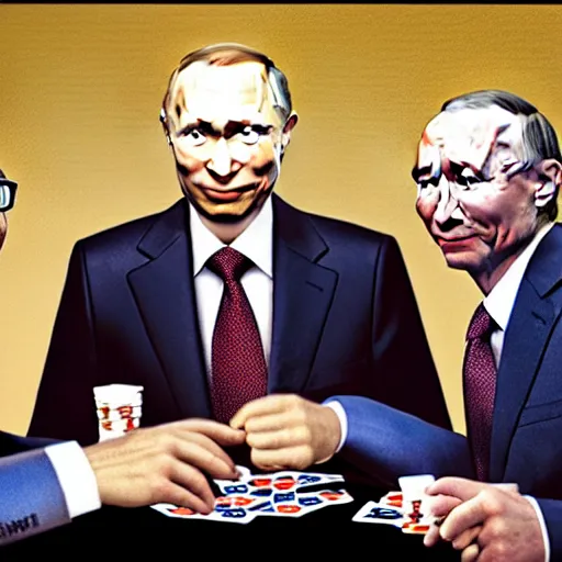 Image similar to UHD photorealistic Bill Gates playing poker with Klaus Schwab and Vladimir Putin, hyperrealistic, correct details, cosmic dynamic lighting, symmetrical faces, accurate faces, in the style of art nouveau