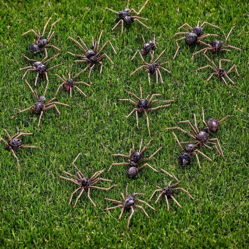 Prompt: A group of spiders doing yoga in the grass, trending on artstation