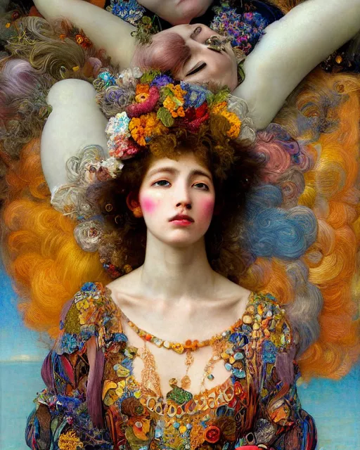 Image similar to a beautiful girl in the clouds wearing colourful face paint surrounded by colourful intricate patterns, by edgar maxence and caravaggio and michael whelan, intricate painting, hyper realistic, extremely detailed and beautiful aesthetic face, 8 k resolution