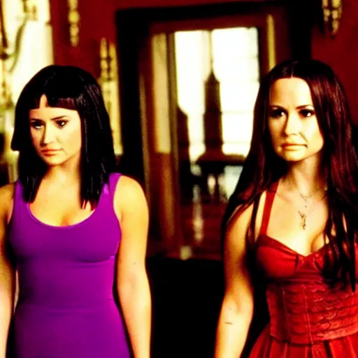 Image similar to close-up of Demi Lovato as Piper Halliwell and Selena Gomez as Phoebe Halliwell and Ariana Grande as Prue Halliwell in a Charmed movie directed by Christopher Nolan, movie still frame, promotional image, imax 35 mm footage