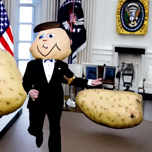 Image similar to a baked potato running for president, wearing a presidential suit and tie, at the white house