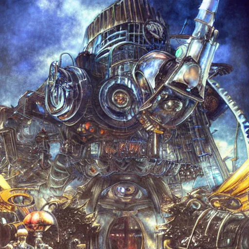 Image similar to painted conceptual art from from final fantasy 7 from the steam punk city midgard as backdrop, by master artist yoshitaka amano