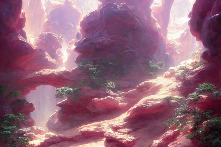 Image similar to Celestial majestic luxurios futuristic other worldly realm with Singaporean royal gold lush volcano, set on Antelope Canyon with white thermal waters flowing down pink travertine terraces, relaxing, ethereal and dreamy, visually stunning, from Star Trek 2021, illustration, by WLOP and Ruan Jia and Mandy Jurgens and William-Adolphe Bouguereau, Artgerm