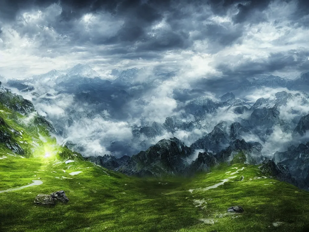 Image similar to realistic view from a mountaintop, high mountains, green meadow, alps, pyranees, digital painting, wallpaper, realistic lightning