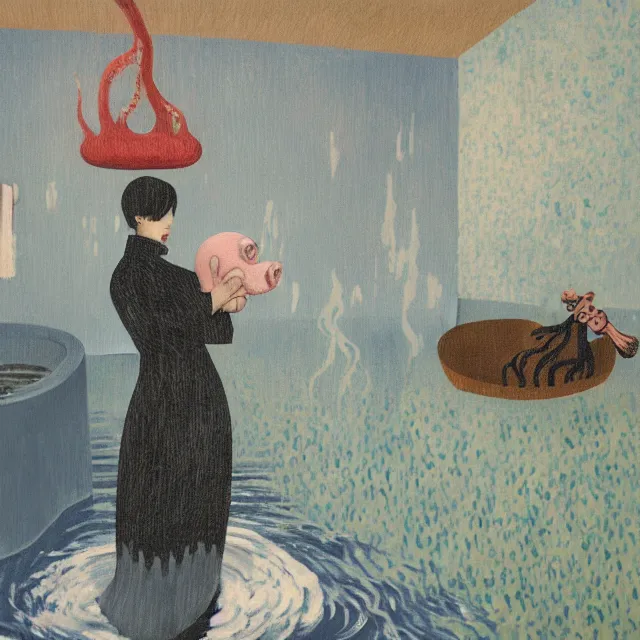 Image similar to tall female emo artist holding a pig in her flooded bathroom, octopus, water gushing from ceiling, painting of flood waters inside an artist's bathroom, a river flooding indoors, pomegranates, pigs, ikebana, water, octopus, river, rapids, waterfall, black swans, canoe, berries, acrylic on canvas, surrealist, by magritte and monet