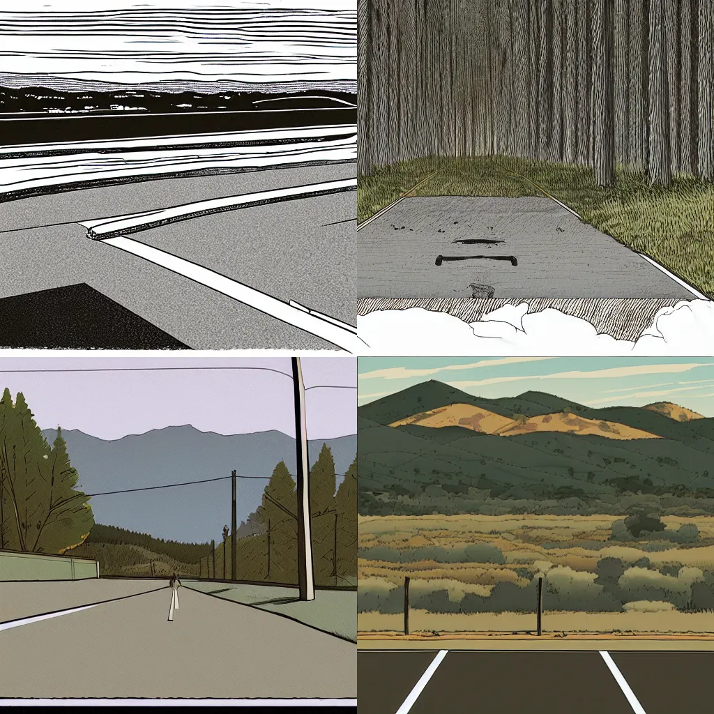 Prompt: a desolated road in california, a man , Adrian Tomine