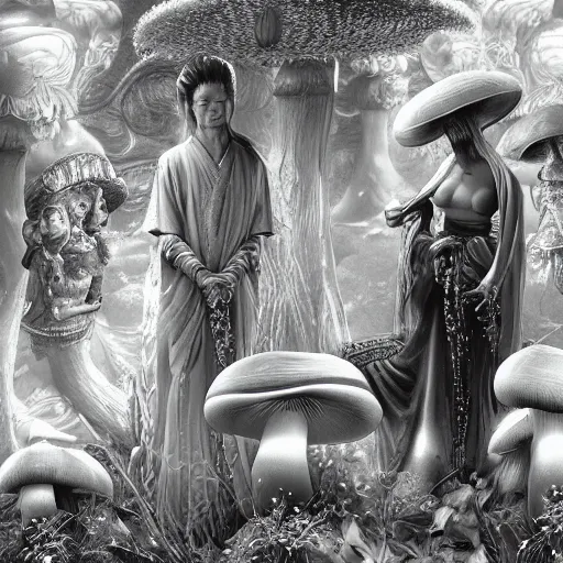 Image similar to mushroom goddess with group of elders, discussing the new season of friends, cynical realism, hiroya oku painterly, yoshitaka amano, chris cunningham, black and white, beautiful lighting, manga in the style of drummond, 3 d render, 8 k