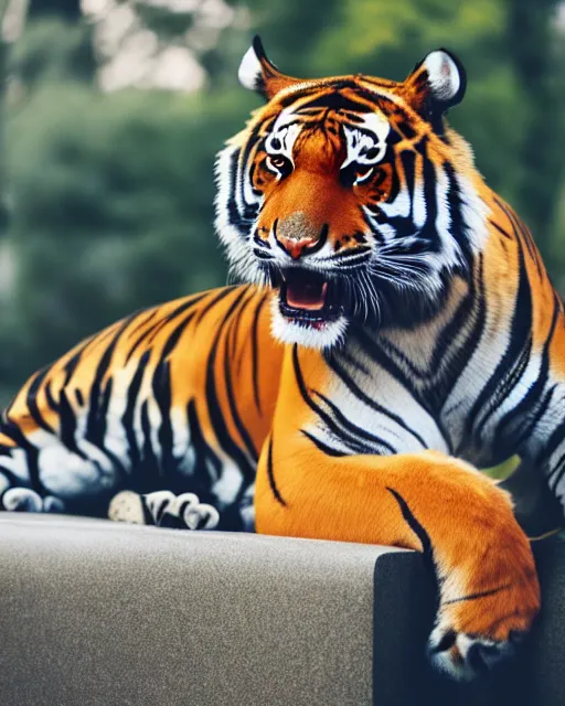 Image similar to high quality presentation photo of a tiger dressed in a suit, photography 4k, f1.8 anamorphic, bokeh, 4k, 85mm lens