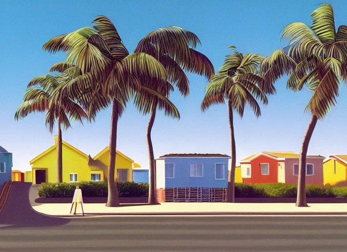 Prompt: houses near the beach, palm trees, vaporwave, kenton nelson,