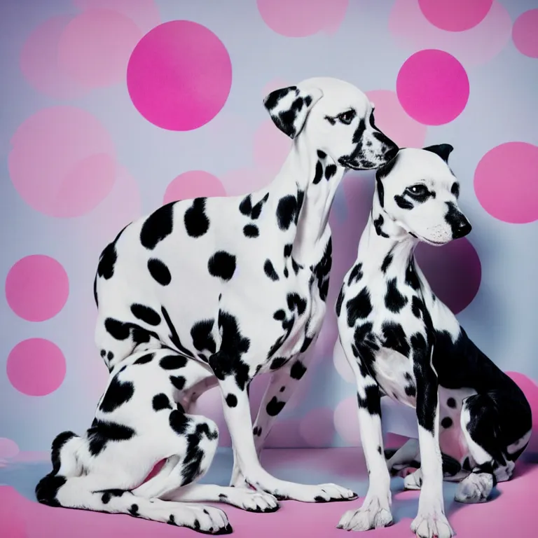 Image similar to vogue photoshoot octane render portrait of 1 0 1 dalmatian with white background, focus bright colorful pastel exotic vintage boutique hotel lounge, very short depth of field, bokeh