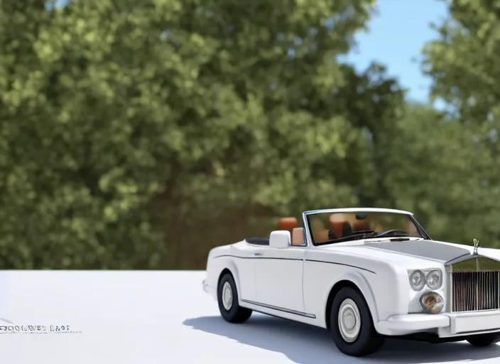 Prompt: a small miniature of a Rolls Royce Corniche Cabrio on a white table near a vase with a plant, 3d render, octane render, unreal engine 5, path tracing, serene landscape, calm, relaxing, beautiful landscape, highly detailed, high quality, 4k, symmetrical, low contrast