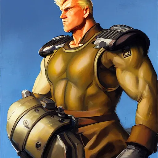 Image similar to greg manchess portrait painting of partially armored guile from street fighter as overwatch character, medium shot, asymmetrical, profile picture, organic painting, sunny day, matte painting, bold shapes, hard edges, street art, trending on artstation, by huang guangjian and gil elvgren and gerald brom