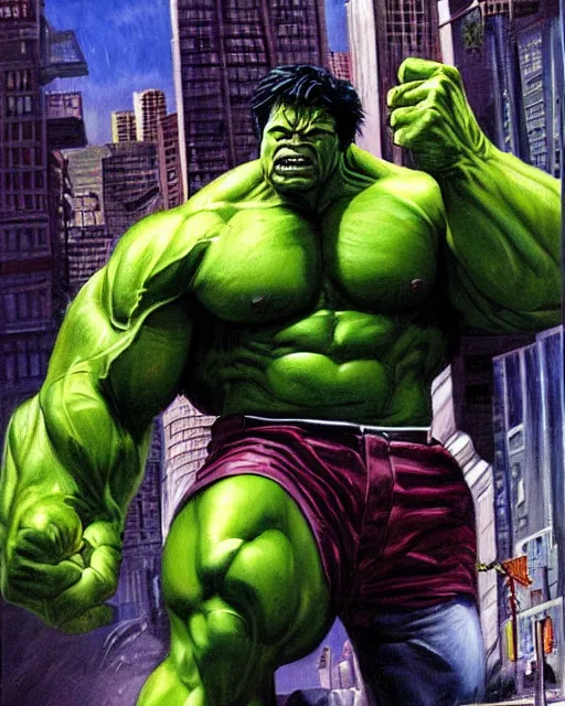 Image similar to a moody painting of the incredible hulk looking angry as he bursts through a wall at noon in a city by joe jusko.