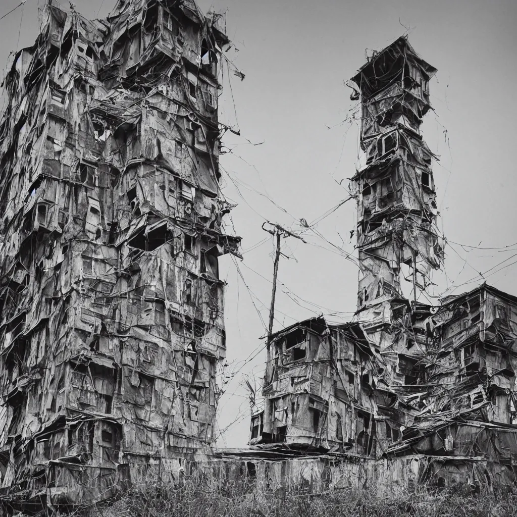 Prompt: close - up view of a large tower, made up of suspended makeshift squatter shacks, faded colours, neutral sky, dystopia, canon 5 d markiii, very detailed, ultra sharp, photographed by ansel adams