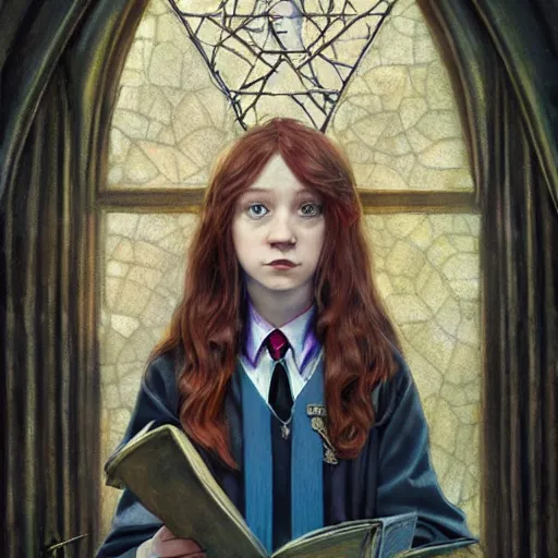 Prompt: Tiffany Aching as a ravenclaw student in Hogwarts School of Witchcraft and Wizardry, detailed, hyperrealistic, colorful, cinematic lighting, digital art by Paul Kidby