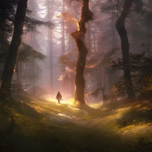 Image similar to beautiful landscape of a mystical forest clearing, oil painting, Artgerm, Charlie Bowater, Greg Rutkowski, noon glow, unreal 5, DAZ, hyperrealistic, octane render, RPG landscape, dynamic lighting, fantasy art, beautiful landscape