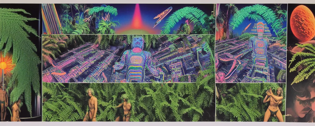 Image similar to 1978 cut out collage, science fiction movie set, neon aztec, break of dawn on Jupiter, epic theater , tropical ambience, ancient fern, electro schematics, film noir, in part by Alex Grey, part by Hale Woodruff