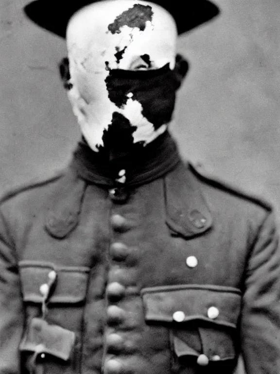Image similar to portrait of man with rorschach full face mask, ww1 photo, grainy, high detail, high resolution,