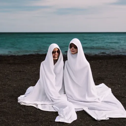 Image similar to two young ghost women wearing white dresses sitting on a blanket at a beach