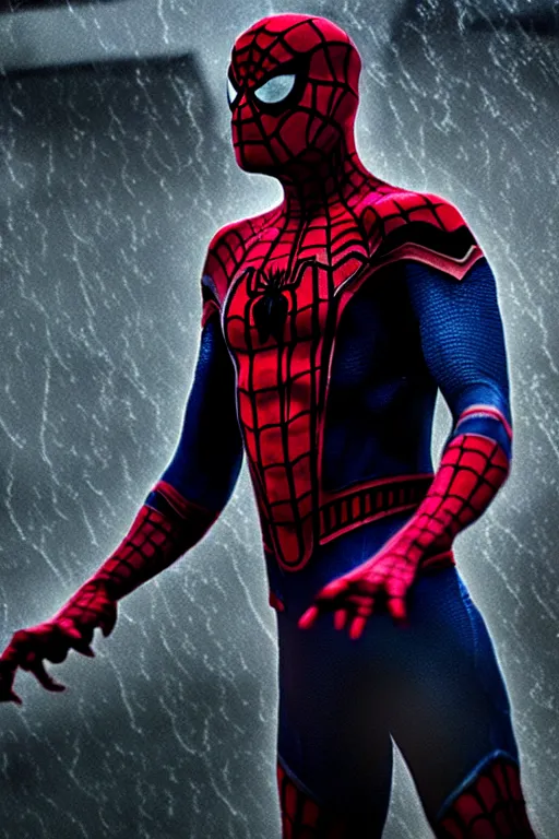 Prompt: cinematic of liam neeson as spiderman, dramatic rain, 8 k, moody lighting