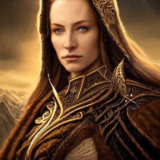 Image similar to Majestic and regal portrait of a riveting and awe inspiring female High Elf nobility, fantasy mountainous background, intricate, epic, elegant, menacing, fantasy, photo realistic, digital matte painting, hard focus, beautiful volumetric lighting, epic light, ultra detailed, by Leesha Hannigan, Ross Tran, Thierry Doizon, Kai Carpenter, Ignacio Fernández Ríos