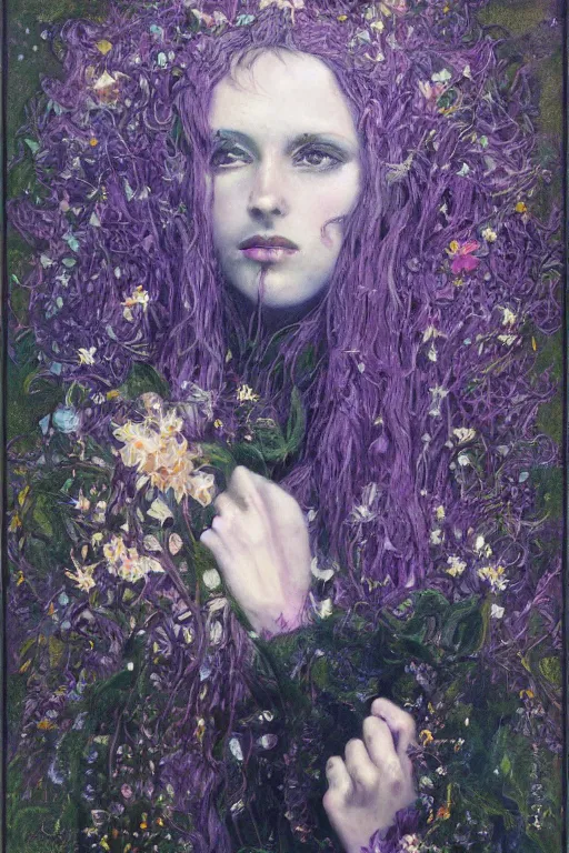 Image similar to portrait of beautiful gothic young mainem, thunderstorm, cyber armor, a lot of scars, more and more flowers, purple head, the middle ages, highly detailed, artstation, illustration, art by jean delville, 8 k quality, art by greg gandy and dragan bibin, gustav klimt