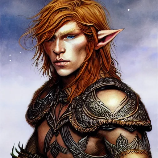 Prompt: portrait painting of an elven young man with short ginger hair and tribal tattoos on his cheeks wearing fur armor, sharp focus, award - winning, trending on artstation, masterpiece, highly detailed, intricate. art by rebecca guay