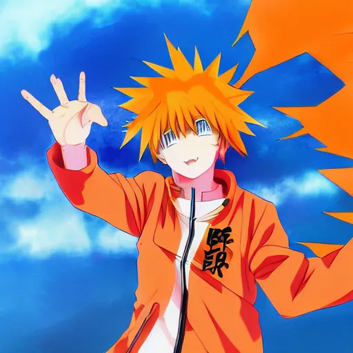 Image similar to orange - haired anime boy, 1 7 - year - old anime boy with wild spiky hair, wearing blue jacket, running past colorful building, red - yellow - blue colored building, turquoise aquamarine windows, strong lighting, strong shadows, vivid hues, ultra - realistic, sharp details, subsurface scattering, intricate details, hd anime, 2 0 1 9 anime