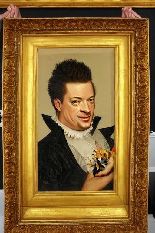 Prompt: a 1 6 0 0 s framed portrait painting of brendan fraser holding corn, intricate, elegant, highly detailed