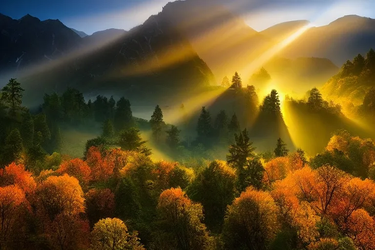 Image similar to landscape photography of copacul lui bezergheanu by marc adamus, morning, mist, rays of light, beautiful