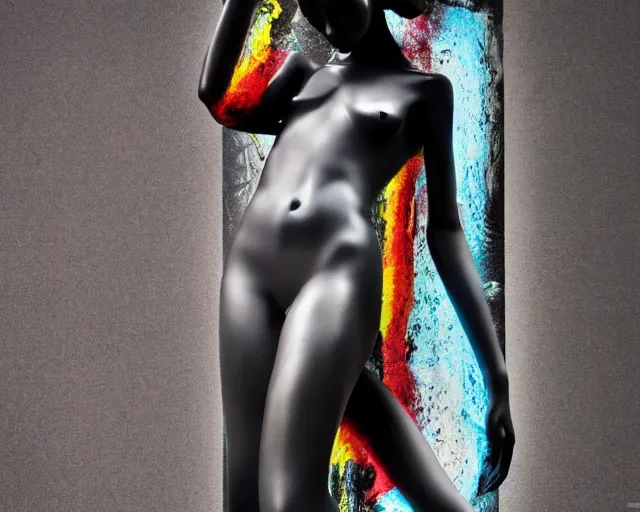 Image similar to extremely beautiful female black marble statue in the style of virgil abloh, colorful motocross logos behind her, sharp focus, clear, detailed,, cinematic, detailed, off white, glamourous, symmetrical, vogue, editorial, fashion, magazine shoot, glossy