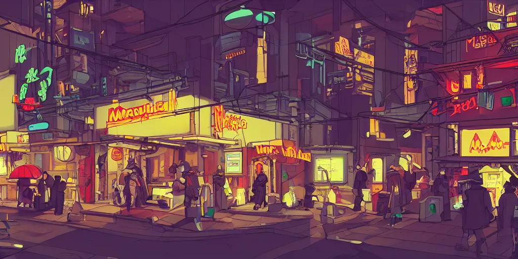 Image similar to a busy backalley cyberpunk mcdonalds by kirokaze, coherent, golden arches, burger place