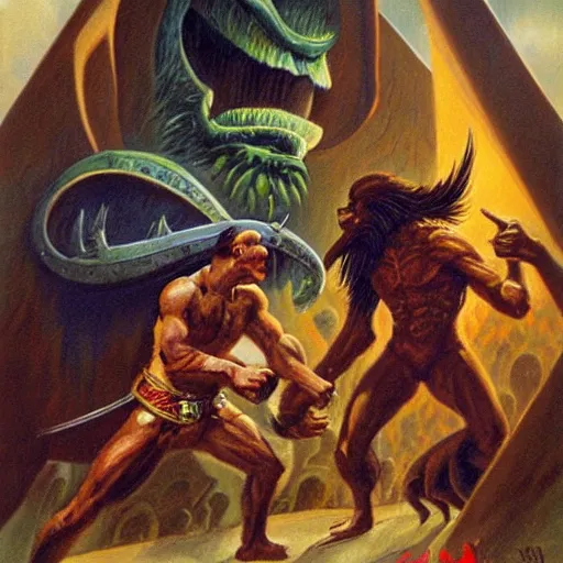 Prompt: pepe and ape in melee combat with Sauron on steps of Barad Dur, painting by Boris Vallejo