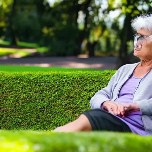 Image similar to an older woman sitting in a park using an oxygen tank, 4 k,