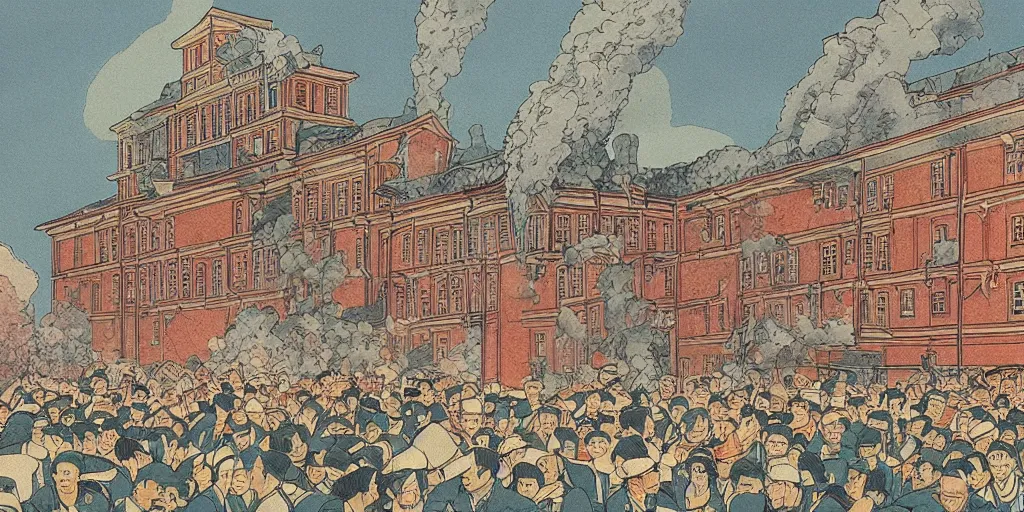 Image similar to historical illustration of higher school of economics set on a fire during invasion of a moscow, created by hasui kawase, super - detailed, a lot of tiny details