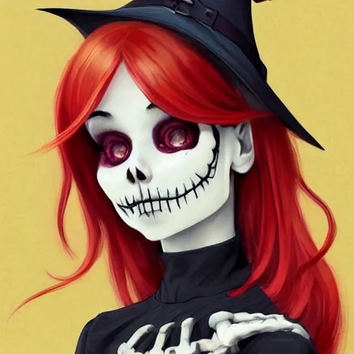 Prompt: cute & beautiful smug smiling undead skeleton girl with red hair dressed as a very attractive witch, elegant, digital art, fantasy, pixar style, painting, pin up, highly detailed, artstation, art by artgerm, vrubel, greg rutkowski, ilya kuvshinov, raymond swanland