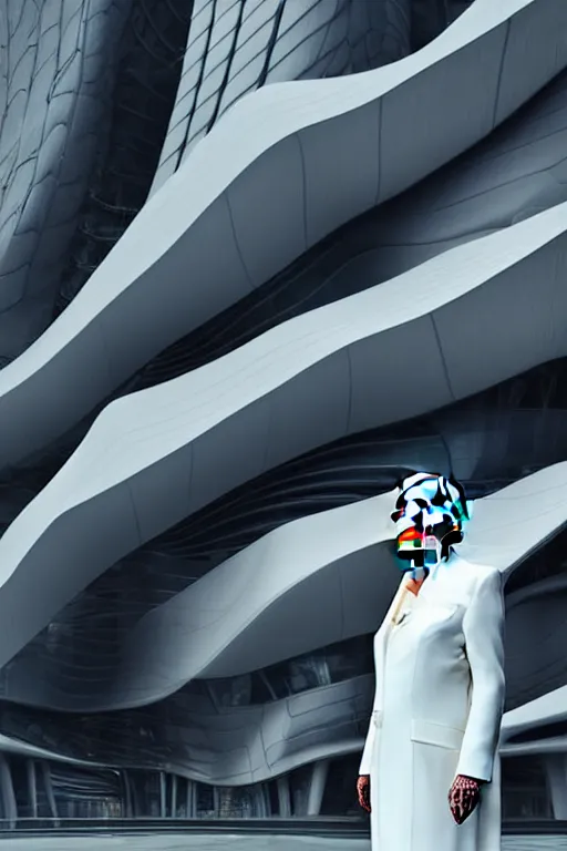 Prompt: a futuristic scene with an log silver haired beautiful mitch mcconnell in a white flowing dress, in front of a zaha hadid building, cinematic matte painting, extreme detail photo quality, dark moody colors, featured on behance