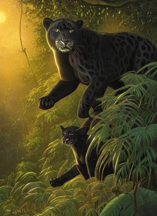 Image similar to a beautiful black jaguar waling in the jungle at night, art by christophe vacher