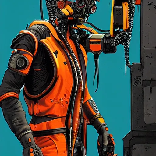 Image similar to mechanic wearing cyberpunk 2 0 7 7 industrial mechanical arms. orange and black color scheme. mechanical concept art by james gurney and mœbius.