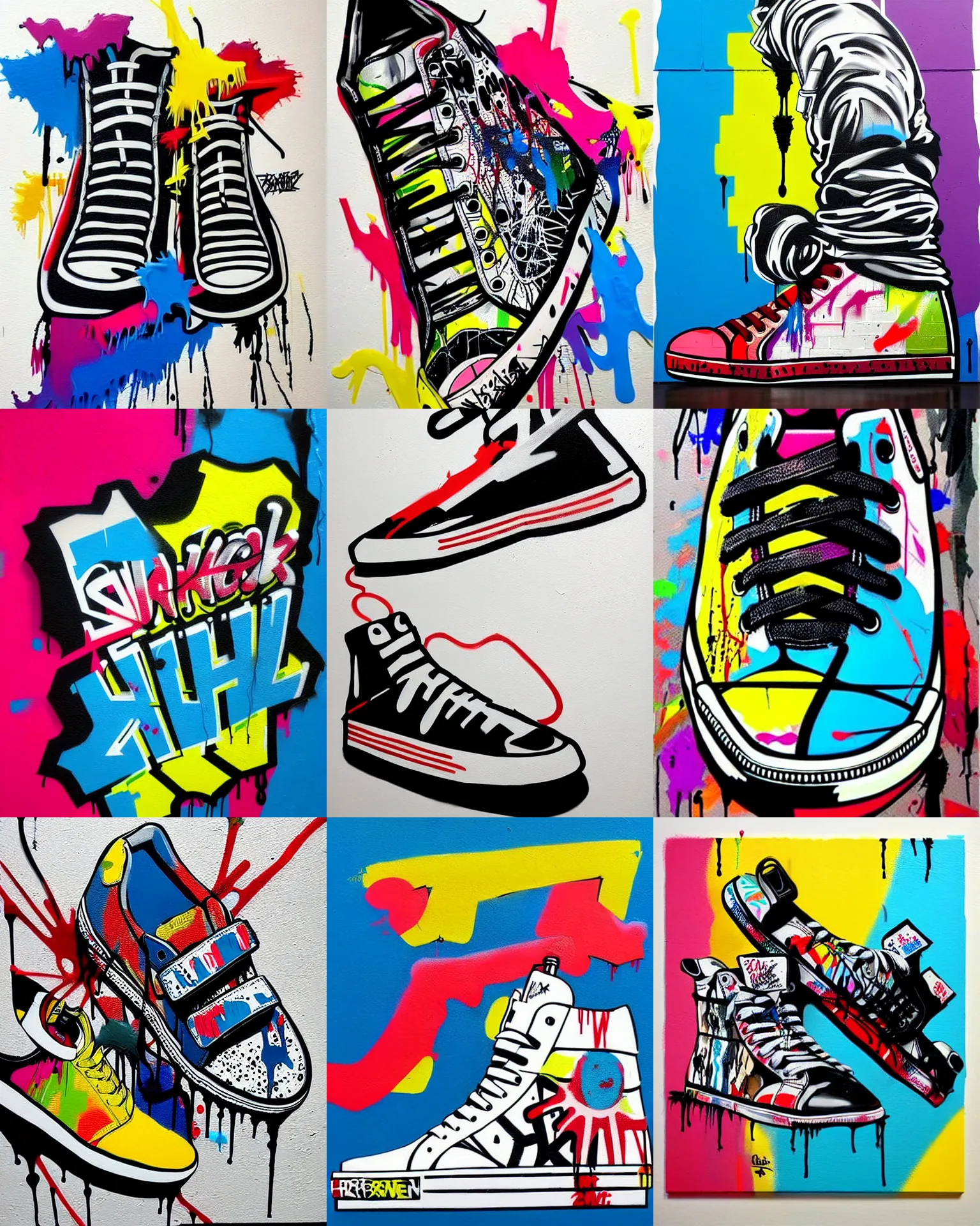 Prompt: sneakers, drip painting, graffiti, highly detailed, simple, no jagged lines, smooth, artstation, centered artwork by mr brainwash