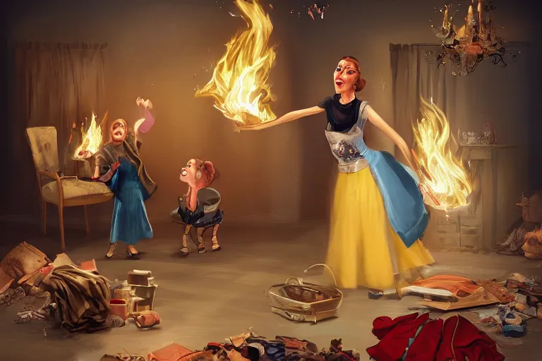 Prompt: a crazy housewife opera singer hurries up to pack daughter's things, surrounded with fire, clothes are flying around, digital art, trending on artstation